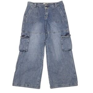 Mica Denim Women Medium Wash Wide Leg Cargo Jeans MDP-W516 High Rise Blue 33x28
